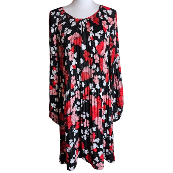 Roz & Ali Multicolor Floral Print Crinkle Shift Dress Size 14 Long Bell Sleeves - Picture 1 of 15